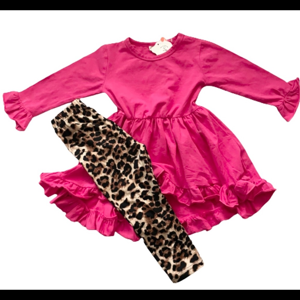 Fuyimei leopard & bright pink ruffle tunic set